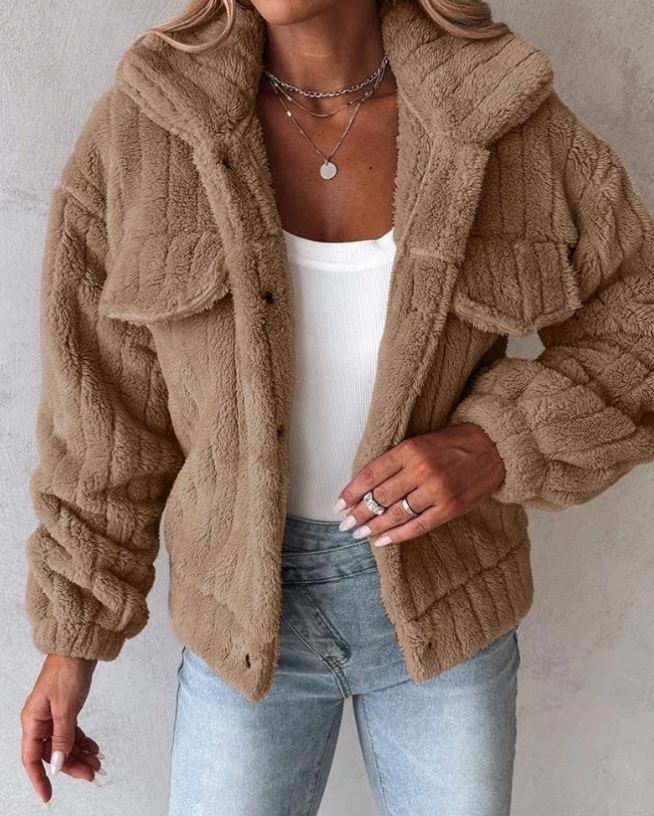 Stephanie | Women’s Teddy Short Jacket with Lapel Collar, Soft & Cosy Solid Colour Coat