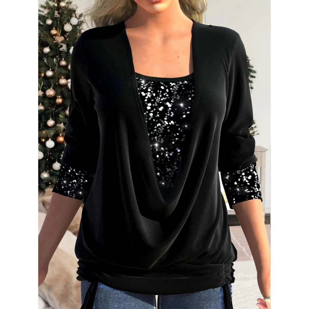 Petronelle | Women’s Elegant Sequin Long Sleeve Blouse with Adjustable Drawstring Hem