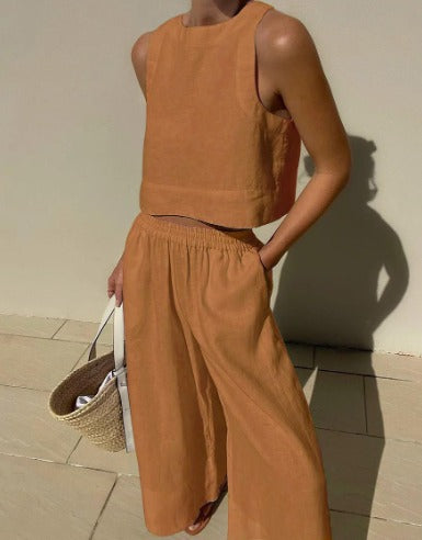 Fiora | Women's Linen Two-Piece Set – Sleeveless Cropped Top & Wide-Leg Trousers for a Breezy Summer Look