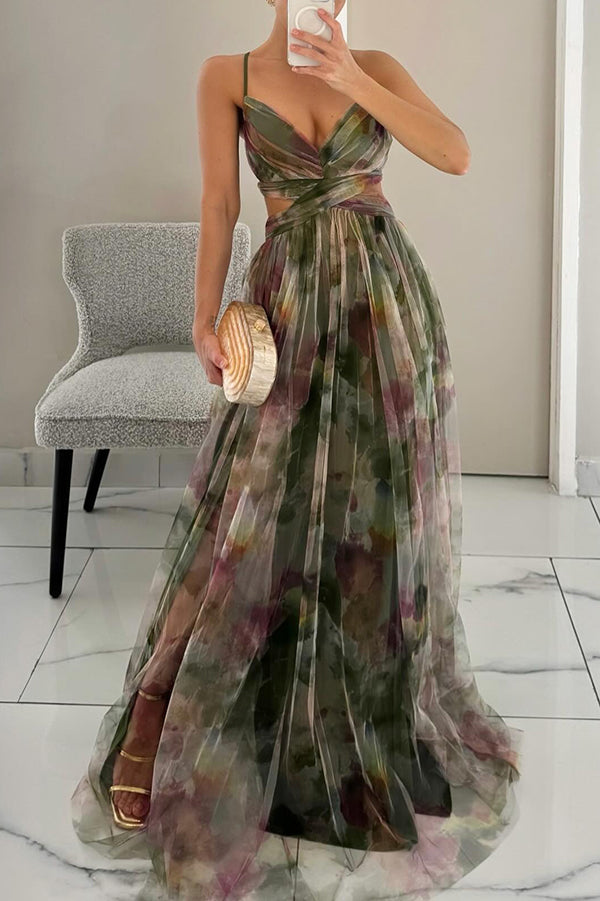 Layla | Women’s Deep V-Neck Back Tie Open Waist Multicolour Gradient Tulle A-Line Formal Maxi Dress