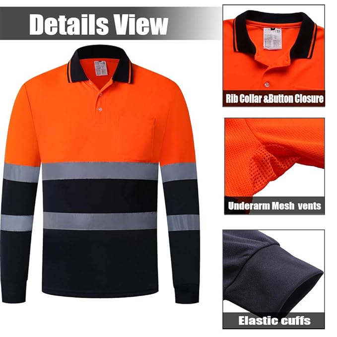 Lennox | Men's Safety Reflective Long Sleeve Work Polo Shirt – Comfortable, Durable, and High-Visibility