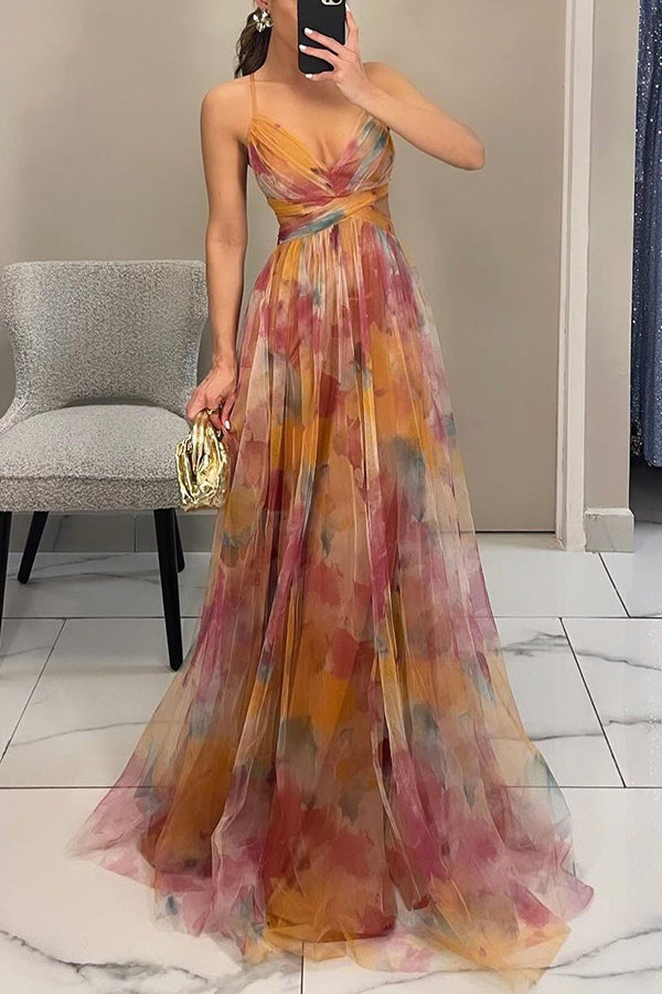 Layla | Women’s Deep V-Neck Back Tie Open Waist Multicolour Gradient Tulle A-Line Formal Maxi Dress