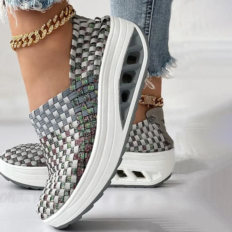 Opaline | Women's Multicolour Woven Slip-On Orthopaedic Sneakers with Slanted Platform Sole