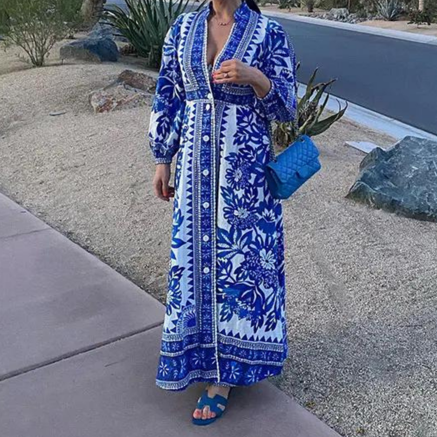 Zelira | Elegant Floral Print Maxi Dress with Deep V-Neck