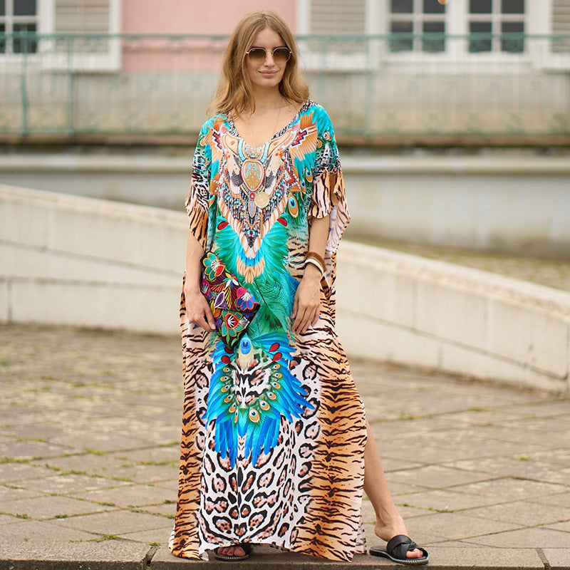 Inara | Boho Beach Kaftan Dress with Batwing Sleeves & Tie-Dye Design