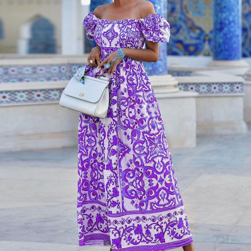 Elonda | Boho Off-Shoulder Puff Sleeve Dress with Patterned Design