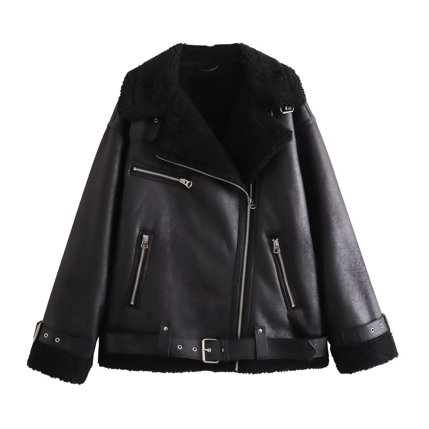 Eliani | Women's Zip-Up PU Leather Jacket with Fleece Lining and Belt