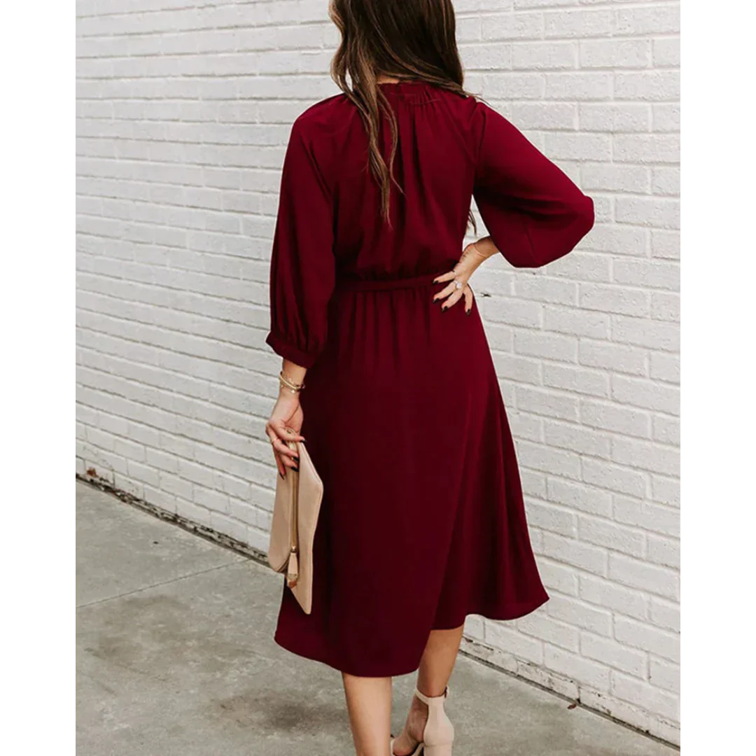 Delaney | Elegant Midi Dress with Tie Waist & Bishop Sleeves