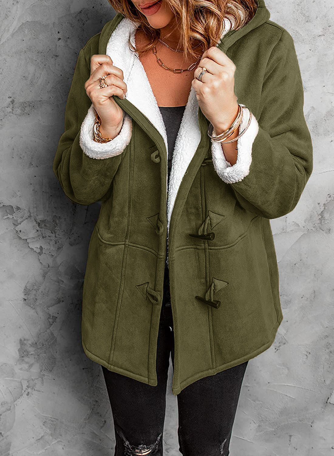 Mabel | Women's Suede Effect Toggle Winter Coat with Hood and Fleece Lining