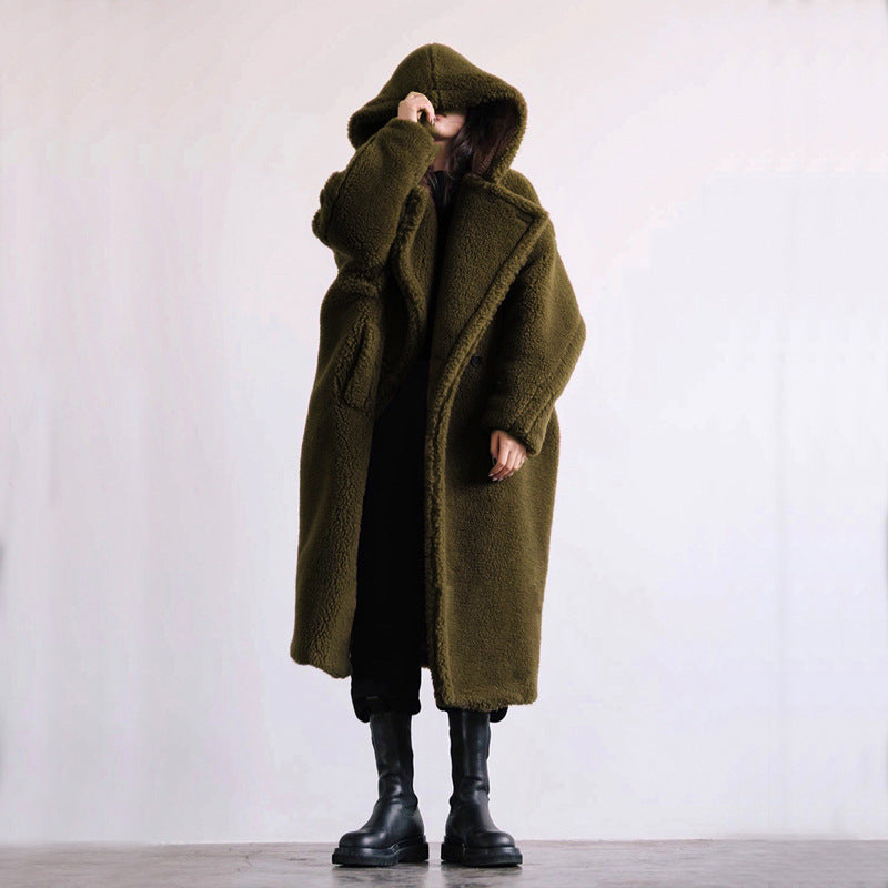 Nica | Women's Hooded Lapel Collar Double-Breasted Long Teddy Coat – Soft & Warm Winter Essential