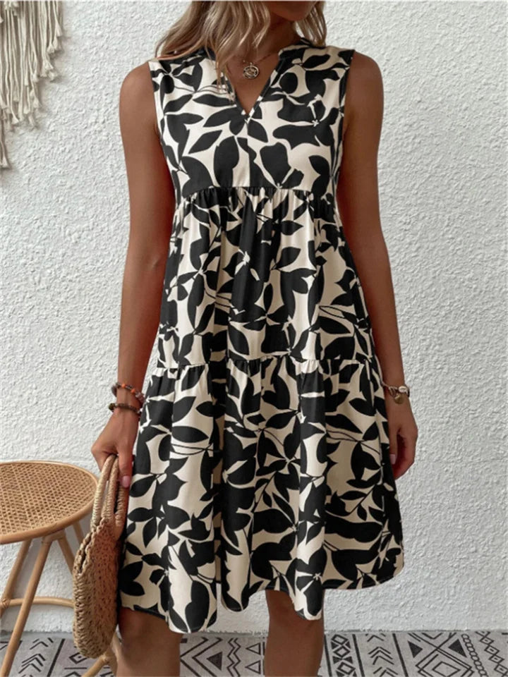 Niamh | Women's V Neck Sleeveless Leaf Print Knee-Length Summer Dress