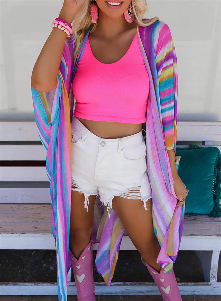 Lysindra | Colourful Beach Cover-Up Cardigan with Sun Protection, Loose and Long