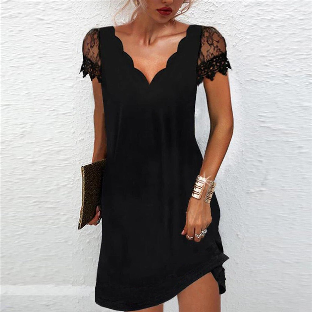Barbara | Women's Black V-Neck Mini Dress with Puff Lace Sleeves