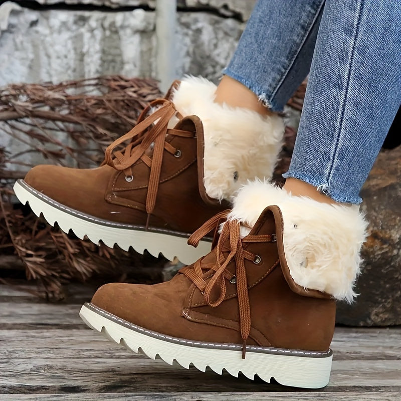 Genoveva | Women's Lace-Up Fleece-Lined Winter Boots, Mid-Length, Foldable, and Non-Slip