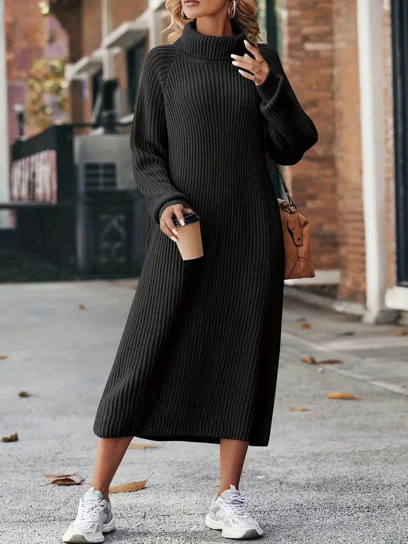 Pixie | Women's Striped Textured Knitted Midi Dress – Elegant High Neck & Long Sleeves