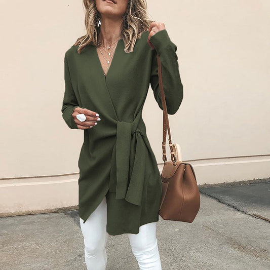 Eleanora | Elegant Longline Wrap Cardigan with Waist Tie & V-Neck