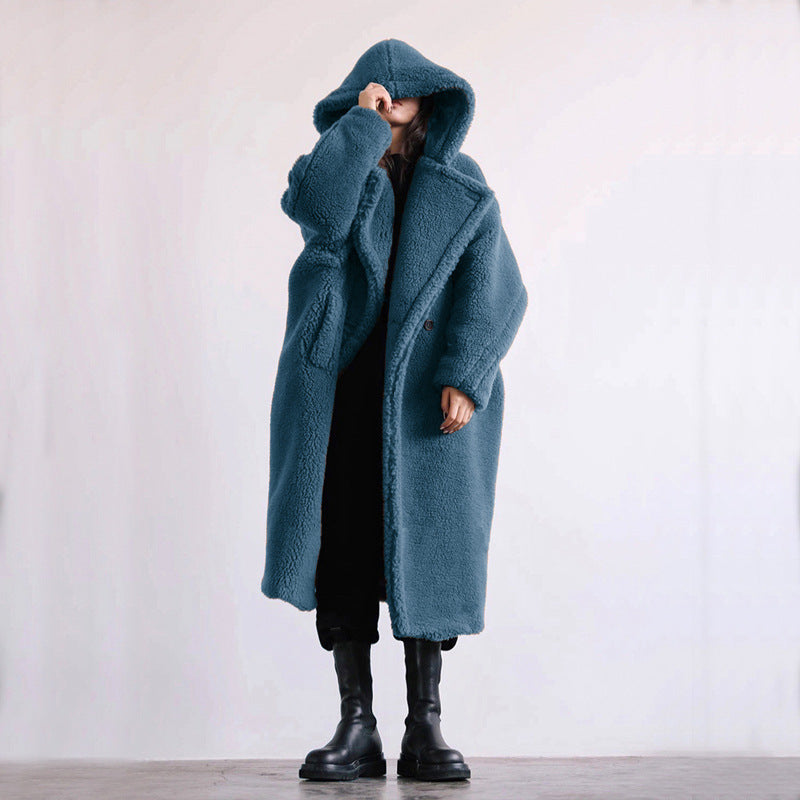 Nica | Women's Hooded Lapel Collar Double-Breasted Long Teddy Coat – Soft & Warm Winter Essential