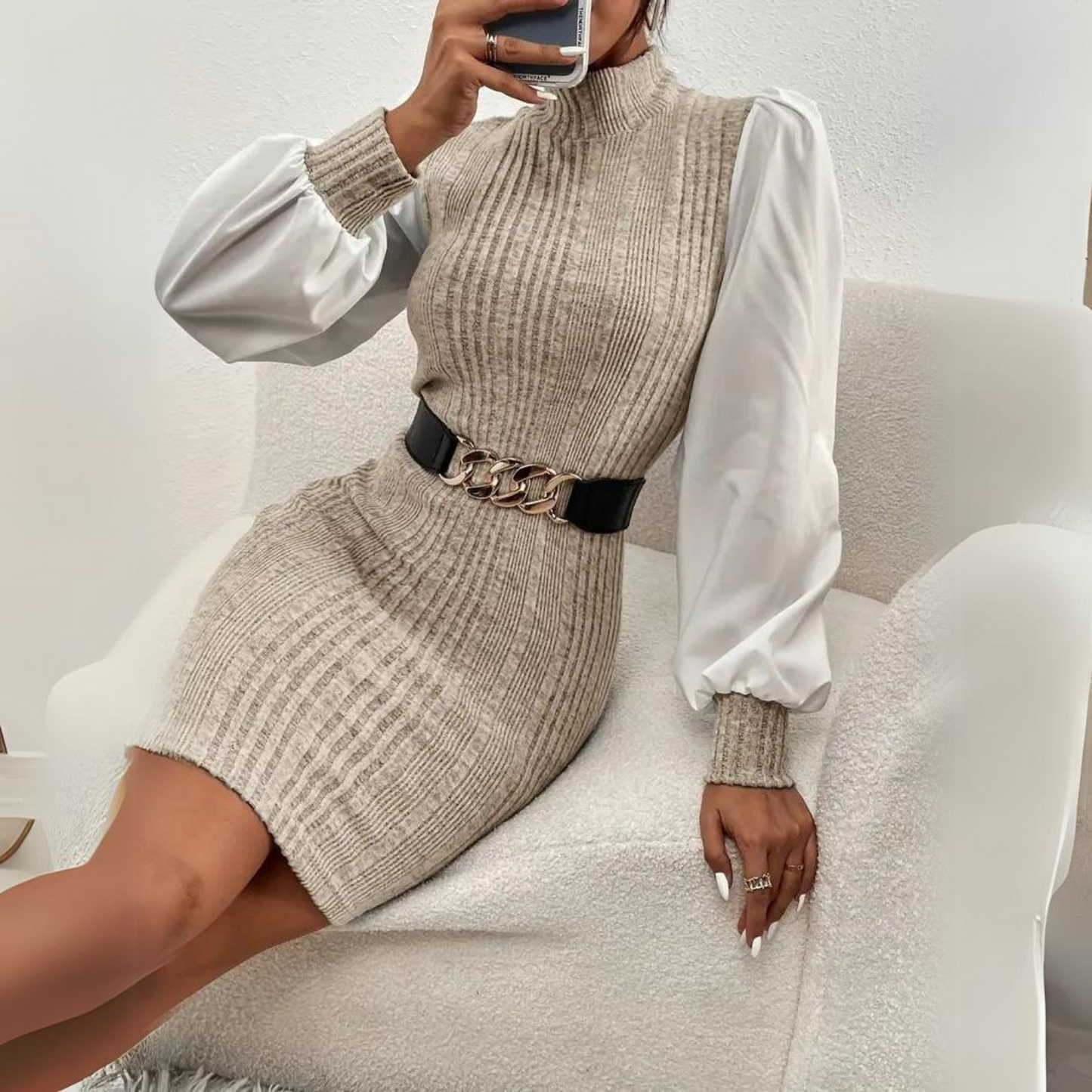 Carina | Women's Ribbed Knit Mini Dress with Stand Collar and Long Bishop Sleeves