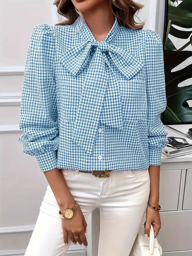 Xelina | Two‑Tone Check Bow‑Tie Blouse – Bishop‑Sleeve Chic