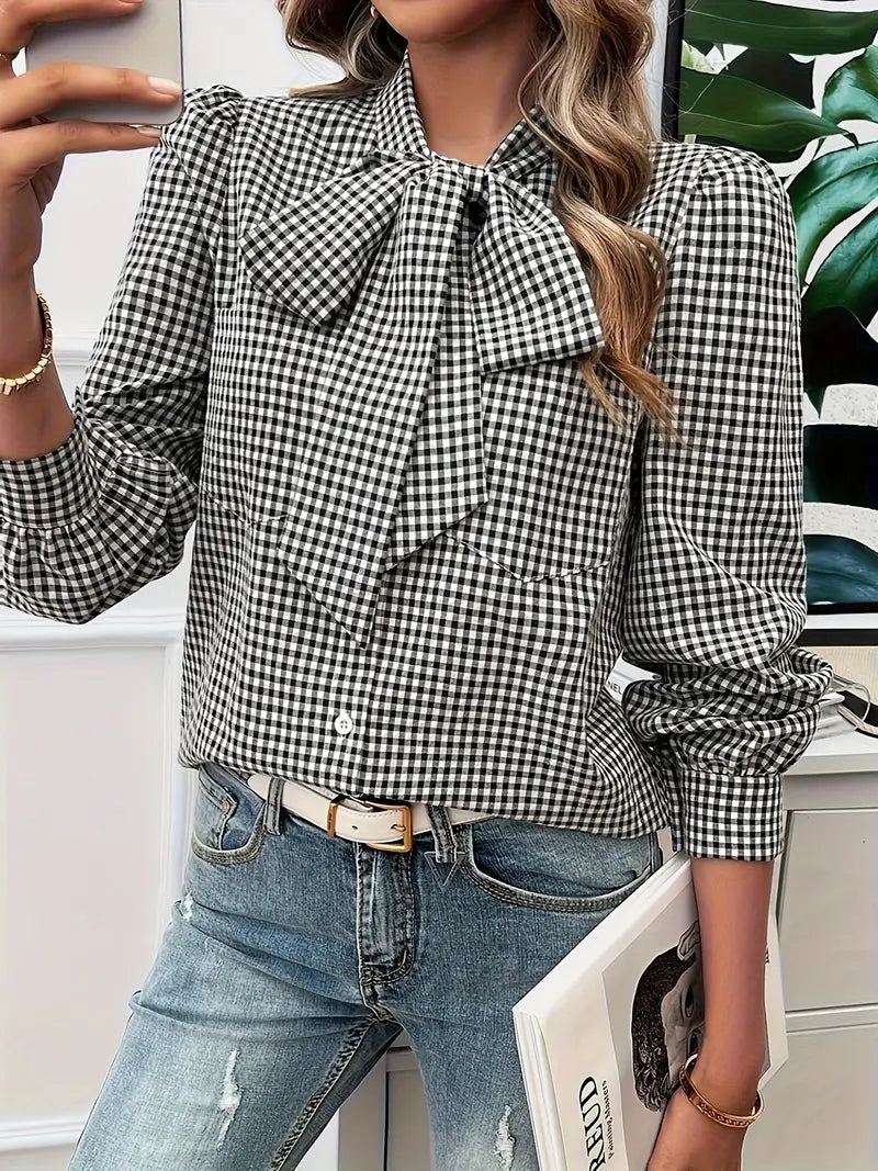 Xelina | Two‑Tone Check Bow‑Tie Blouse – Bishop‑Sleeve Chic