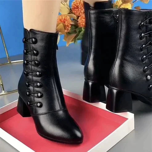 Evelina | Women's Black Mid-Cut Leather Ankle Boots with Block Heel and Zipper