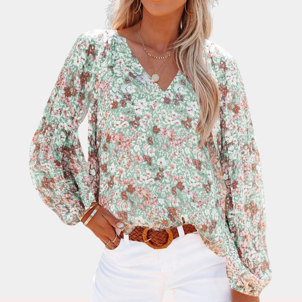Loxley | Women’s Summer Floral Blouse – V Neck with Elegant Bishop Sleeves