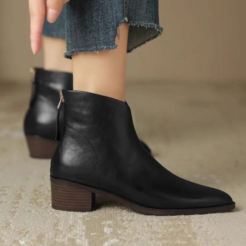 Yohanna | Women's Pointed Toe Block Heel Ankle Boots with Back Zip