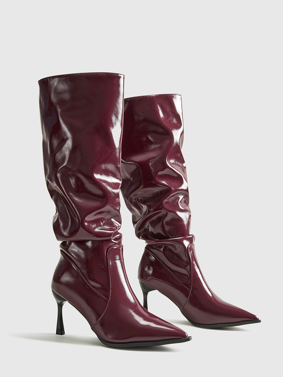 Madeleine | Women's Shiny Burgundy High Heel Knee-High Pointed Toe Boots