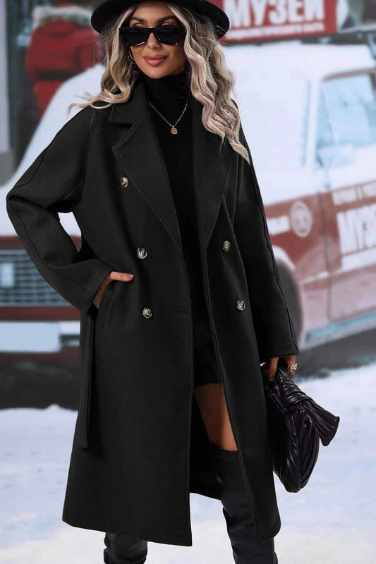 Frances | Women’s Long Wool-Blend Coat with Tie Waist & Double-Breasted Design