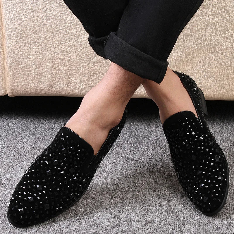 Crispin | Men’s Black Rhinestone Slip-On Loafers – Elegant & Stylish Business Casual Shoes