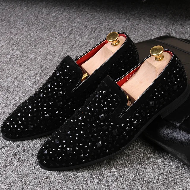 Crispin | Men’s Black Rhinestone Slip-On Loafers – Elegant & Stylish Business Casual Shoes