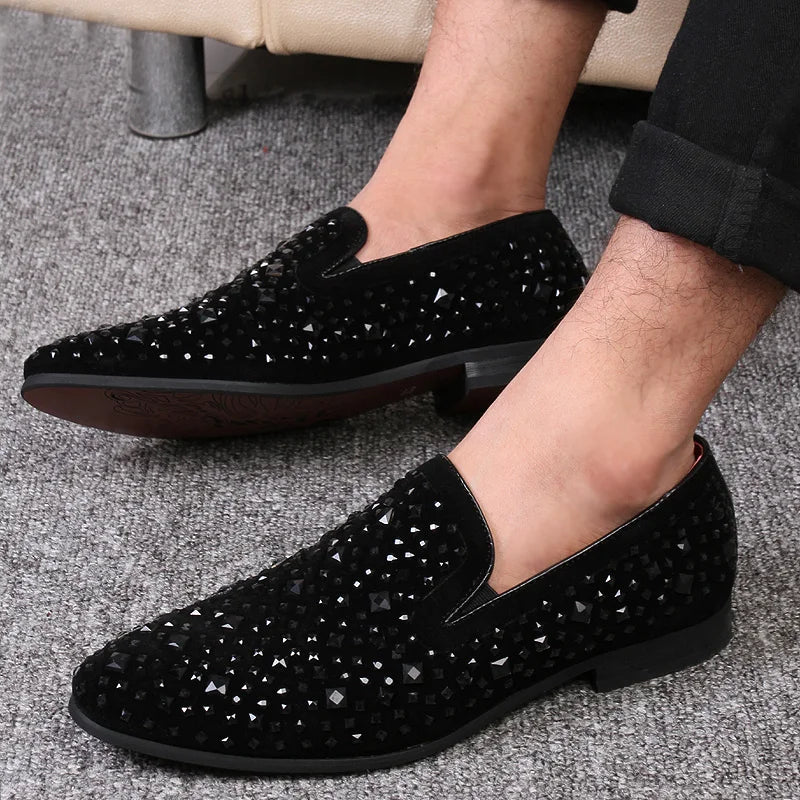 Crispin | Men’s Black Rhinestone Slip-On Loafers – Elegant & Stylish Business Casual Shoes