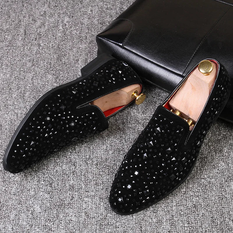 Crispin | Men’s Black Rhinestone Slip-On Loafers – Elegant & Stylish Business Casual Shoes