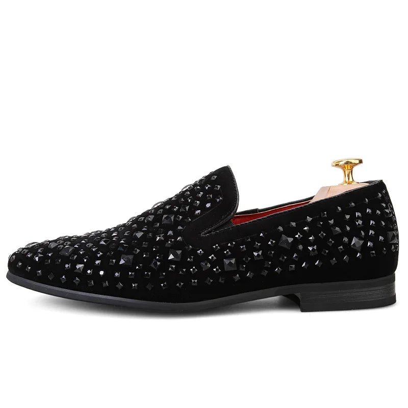 Crispin | Men’s Black Rhinestone Slip-On Loafers – Elegant & Stylish Business Casual Shoes
