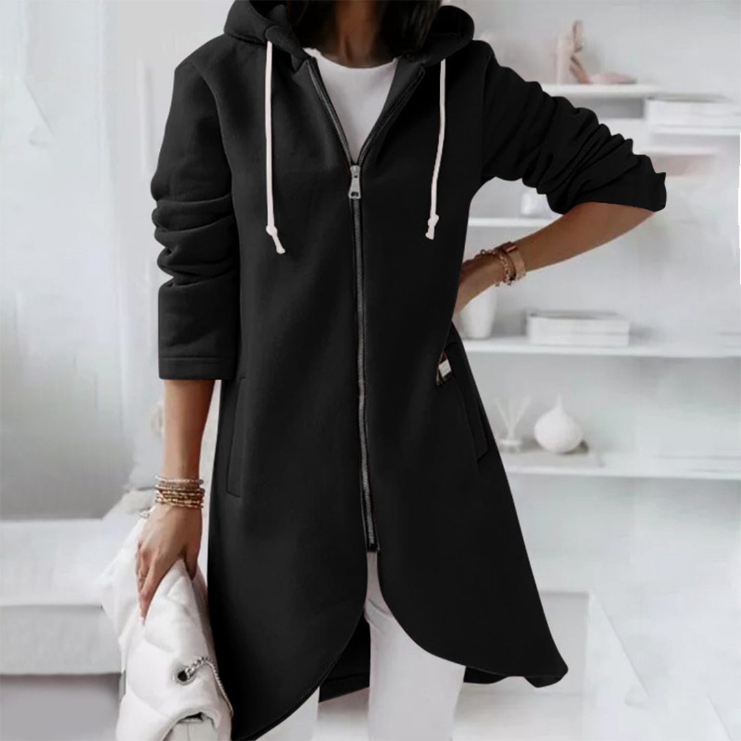 Betsy | Women's Solid Colour Long Hooded Zipped Jacket with Drawstring