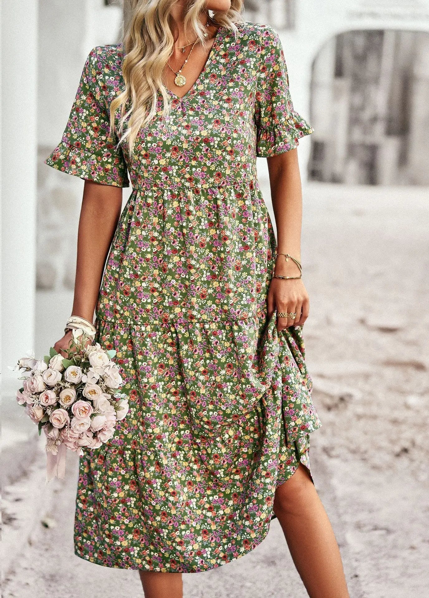 Kaelith | Floral V-Neck Boho Midi Dress with Ruffle Sleeves – Elegant Summer Style