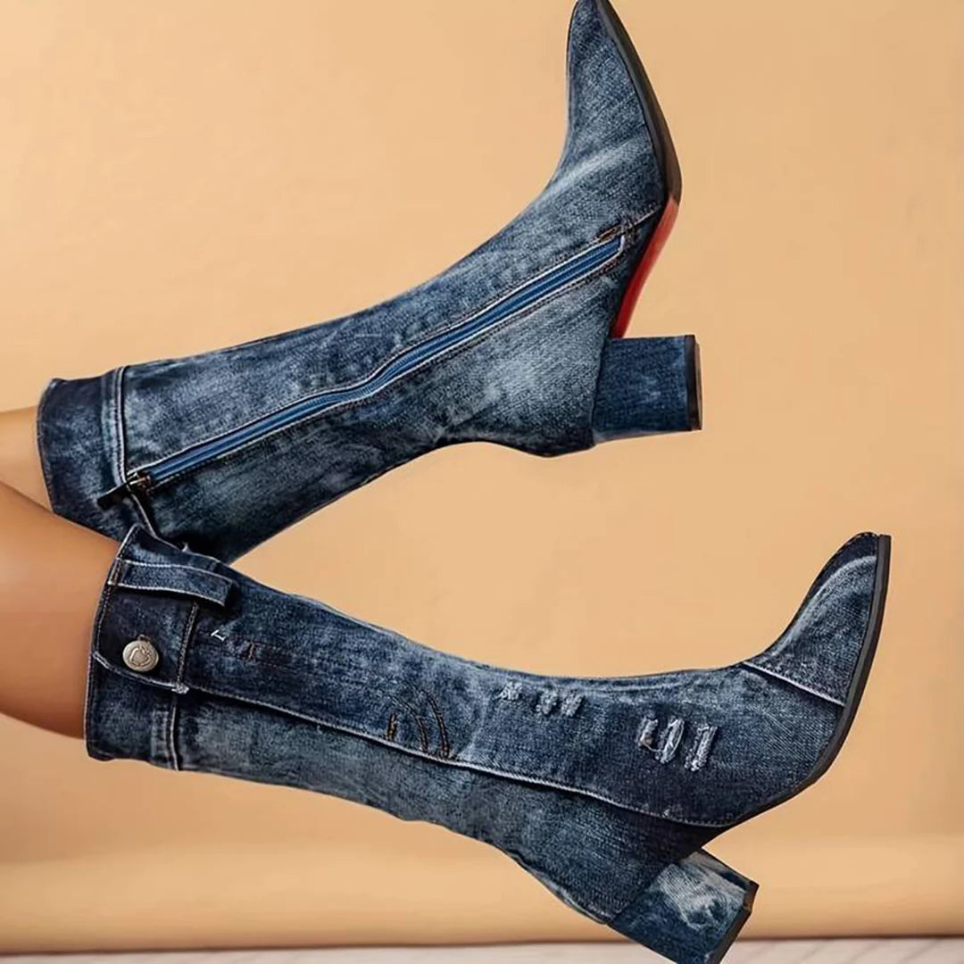 Callie | Women's Block Heel Side-Zipped Mid-Calf Denim Boots