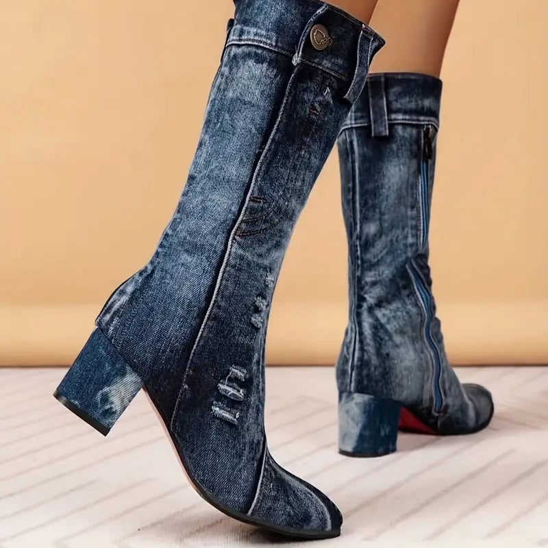 Callie | Women's Block Heel Side-Zipped Mid-Calf Denim Boots