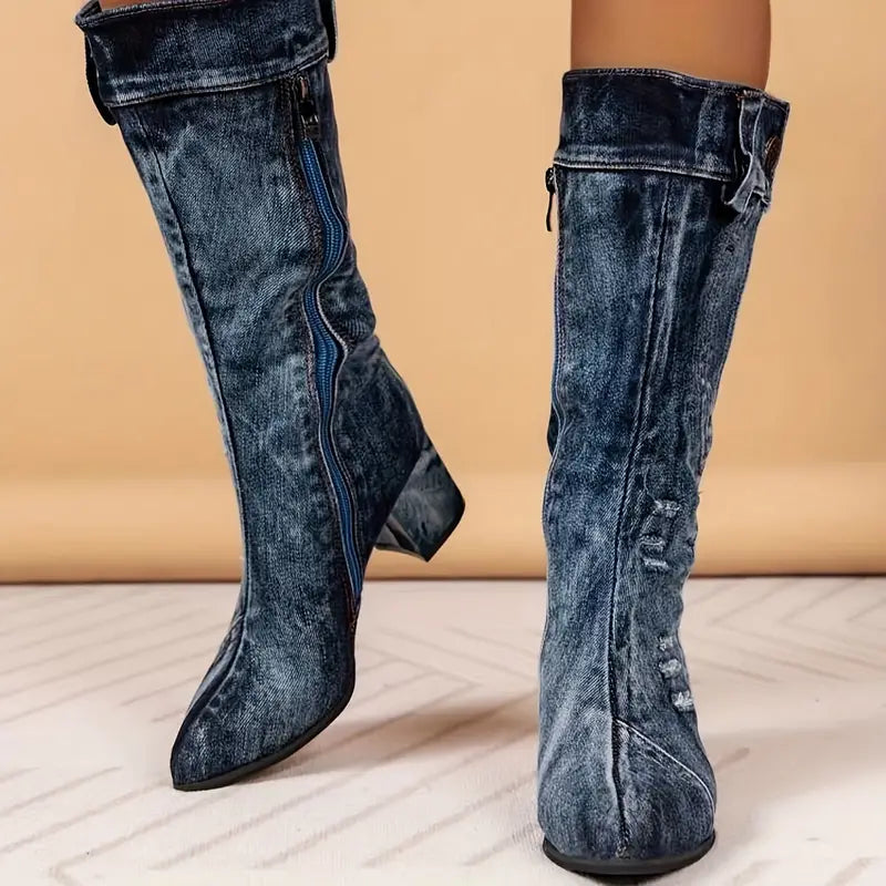 Callie | Women's Block Heel Side-Zipped Mid-Calf Denim Boots