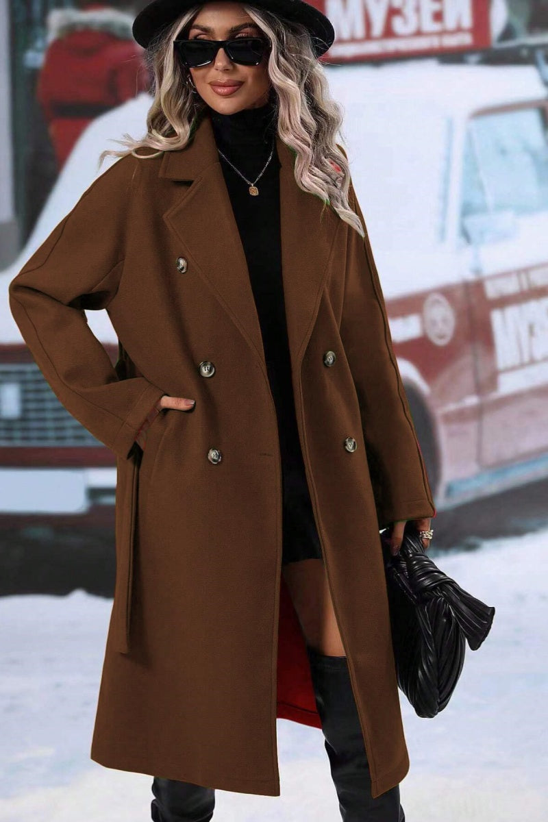 Frances | Women’s Long Wool-Blend Coat with Tie Waist & Double-Breasted Design