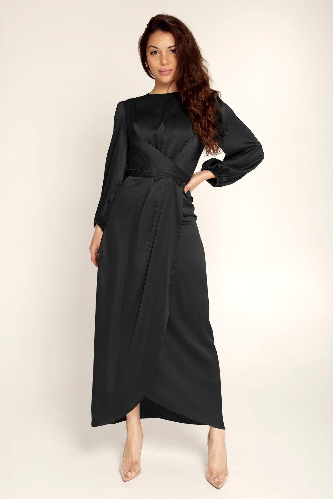 Maris | Women's Satin Maxi Dress – Elegant Wrap Style with Bishop Sleeves and Back Tie