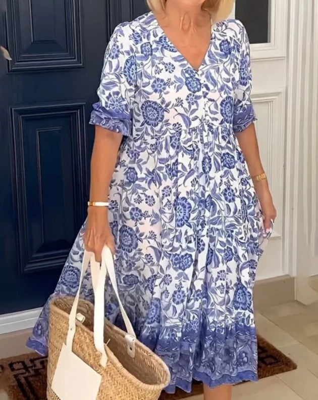 Ophelia | Women’s V-Neck Boho Maxi Dress with Floral Print and Flowing Design