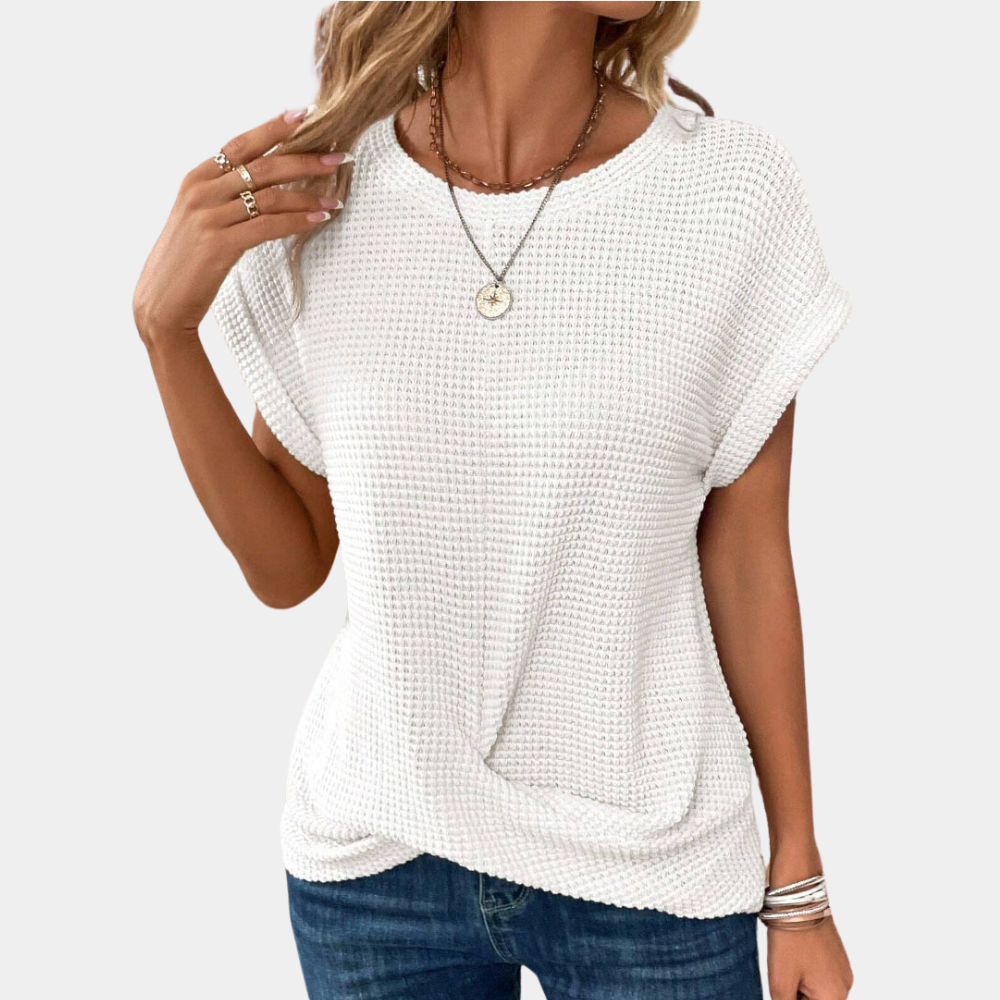 Alethea | Women’s Textured Round Neck T-Shirt with Twisted Hem – Stylish Short Sleeve Top