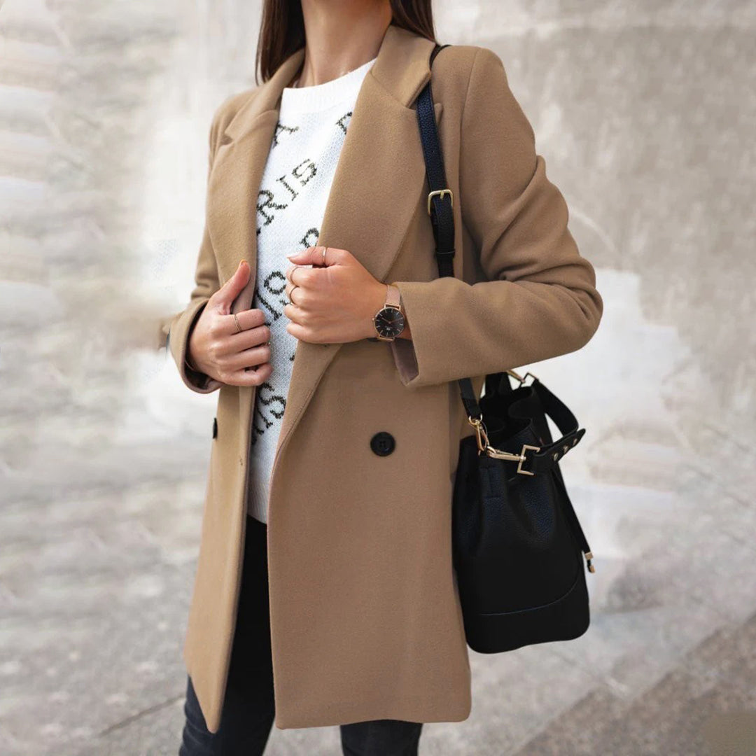 Bryony | Women's Solid Colour Double Breasted Long Coat with Lapel Collar