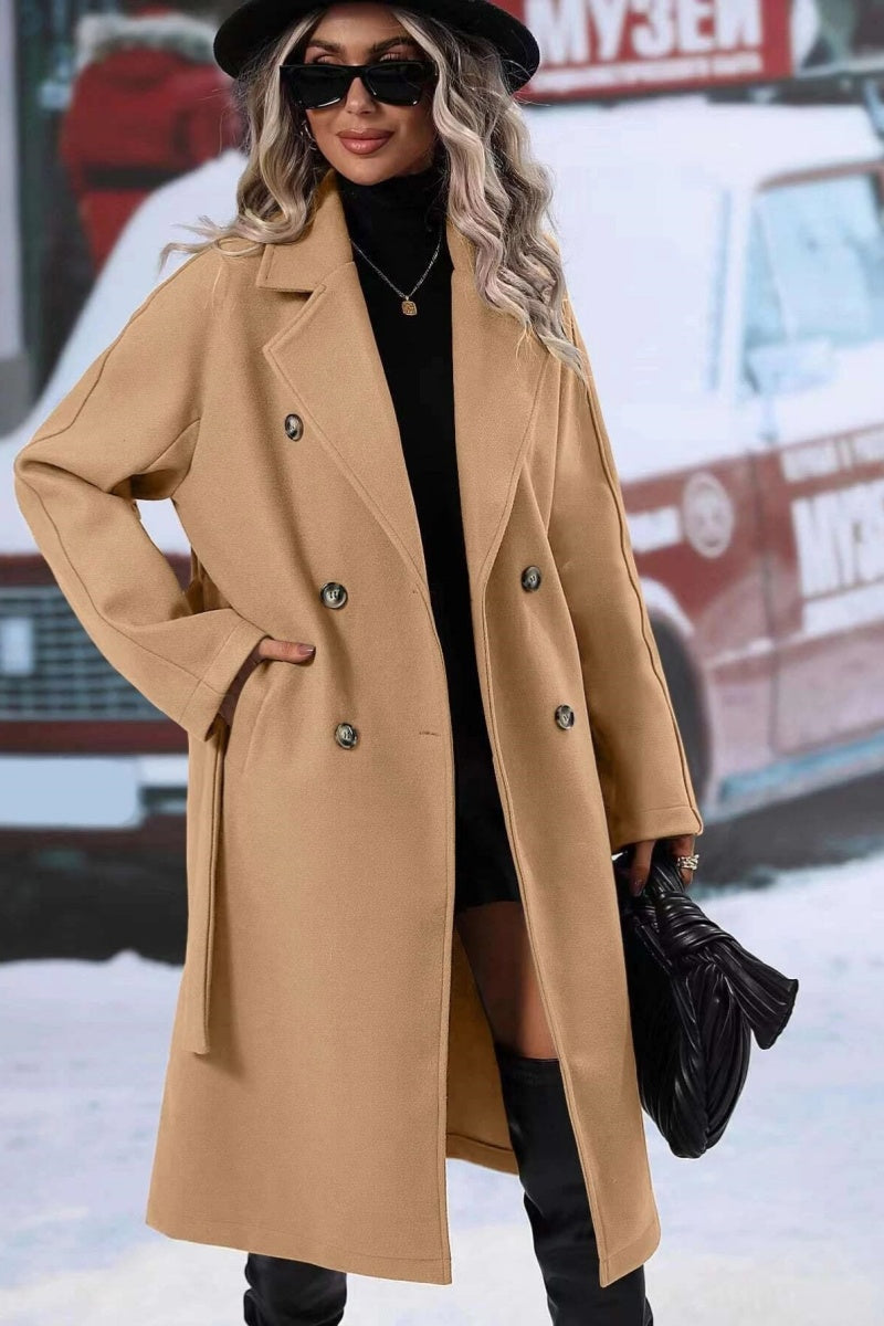 Frances | Women’s Long Wool-Blend Coat with Tie Waist & Double-Breasted Design