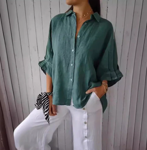Maisie | Women’s Cotton-Linen Button-Down Blouse with Back Tie | Solid Colour Casual Shirt