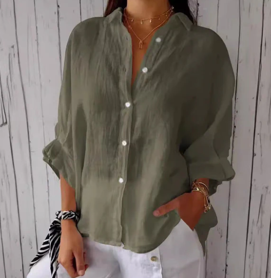 Maisie | Women’s Cotton-Linen Button-Down Blouse with Back Tie | Solid Colour Casual Shirt