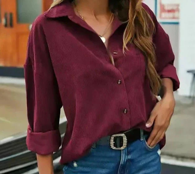 Luminara | Women's Stylish Solid Colour Corduroy Buttoned Blouse with Lapel Collar – Versatile and Comfortable