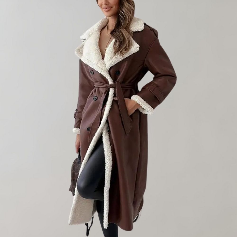 Blair | Women's Double Breasted Leather Look Fleece Lined Long Coat