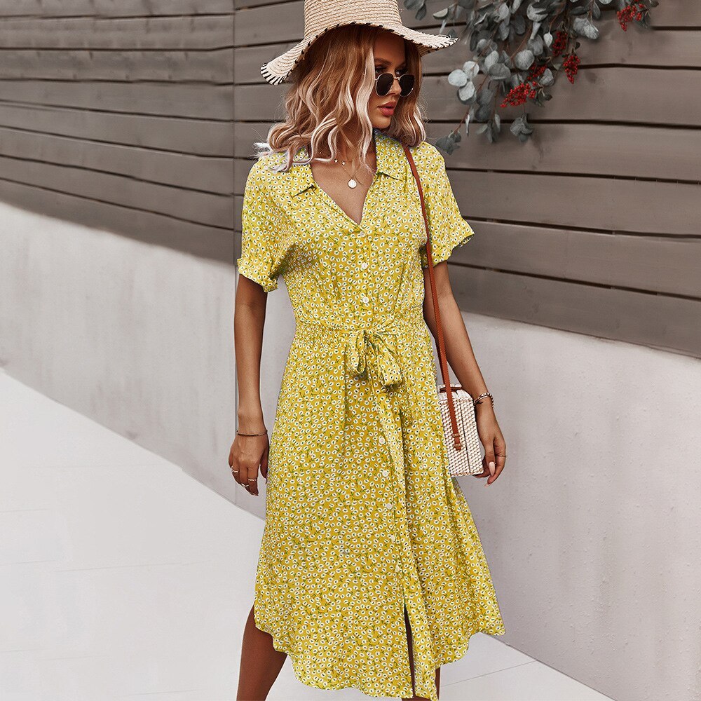 Eliza | Women's Floral V Neck Midi Dress | Tie Front Button-Through Boho Summer Dress